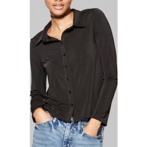 Wild Fable Black Button Blouse Large NWT Shiney stretch sheen